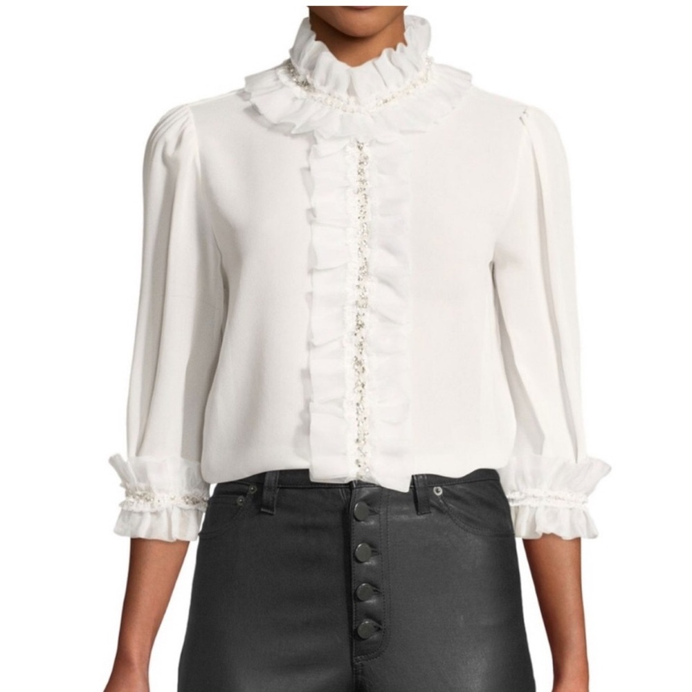 Last Chance‼️ Alice + Olivia Mira Embellished Rhinestone Ruffle Collar Top